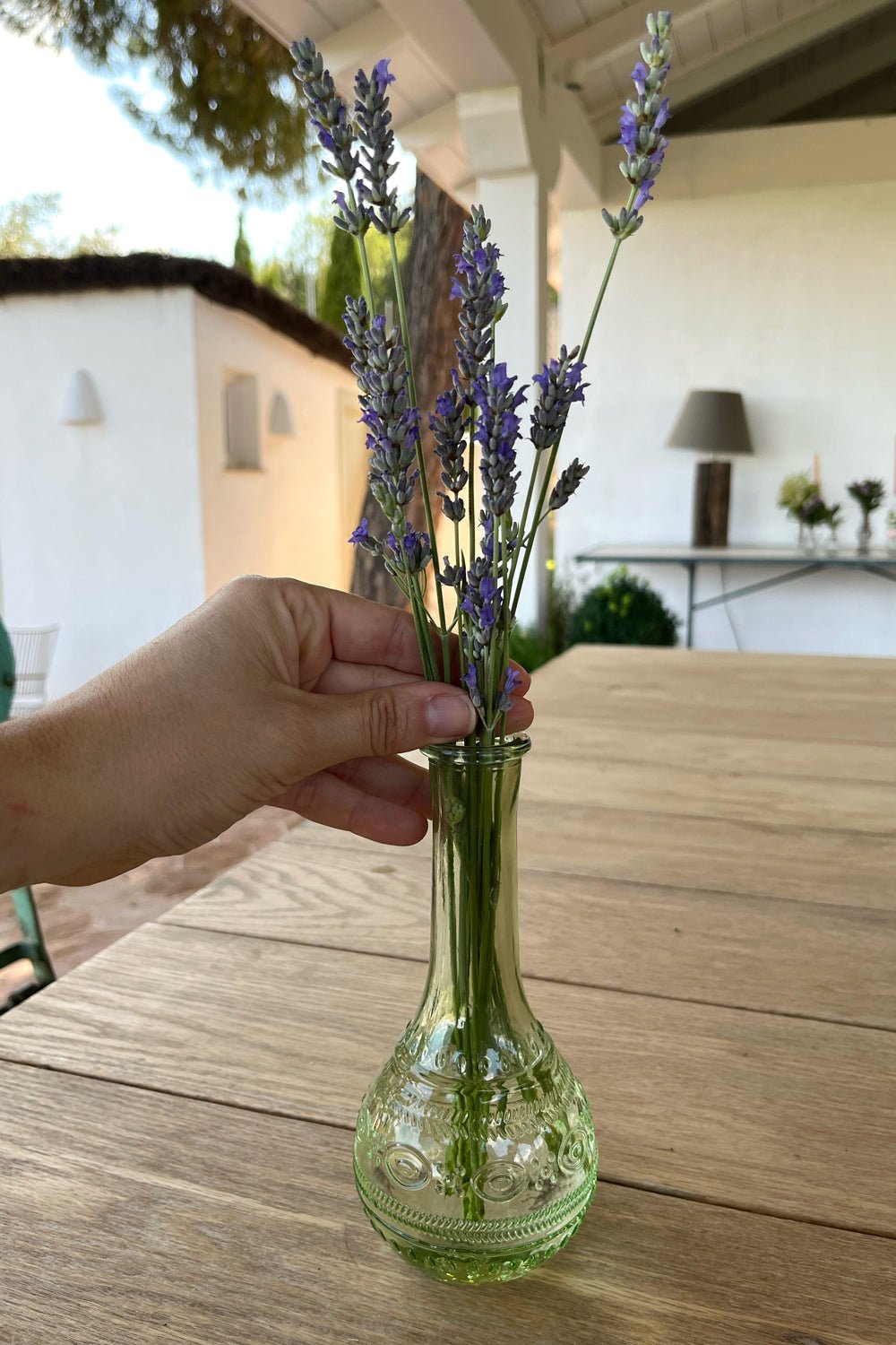 Florero De Cristal Con Diseño París Verde Claro Diseño Círculos con Lavanda