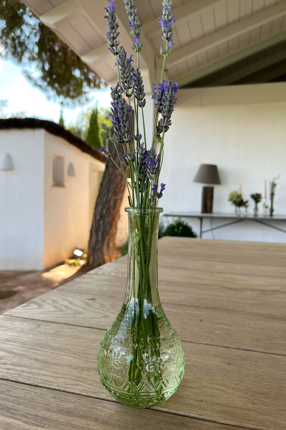 Florero De Cristal Con Diseño París Verde Claro con Lavanda