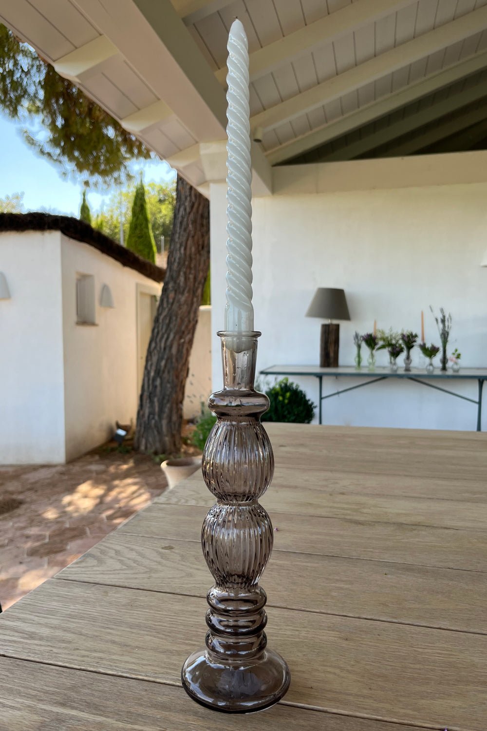 Portavelas De Cristal Con Diseño Florencia Gris Grande Tallado