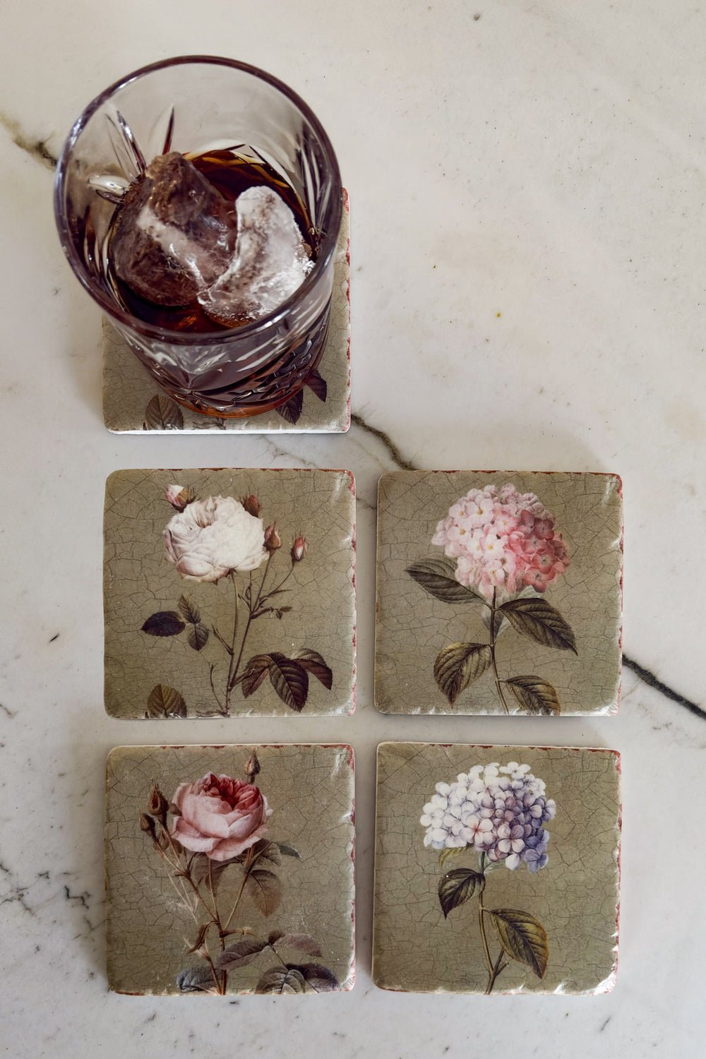 Set 4 Posavasos De Mármol Diseño Flores Cristina Oria