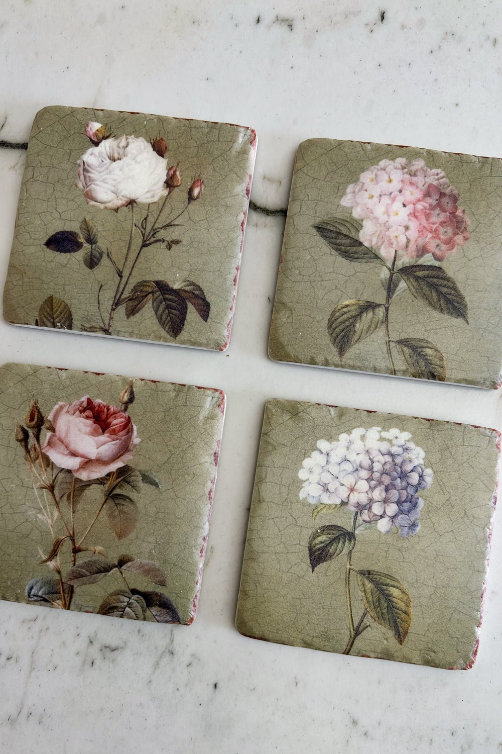 Detalle Set 4 Posavasos De Mármol Diseño Flores Cristina Oria