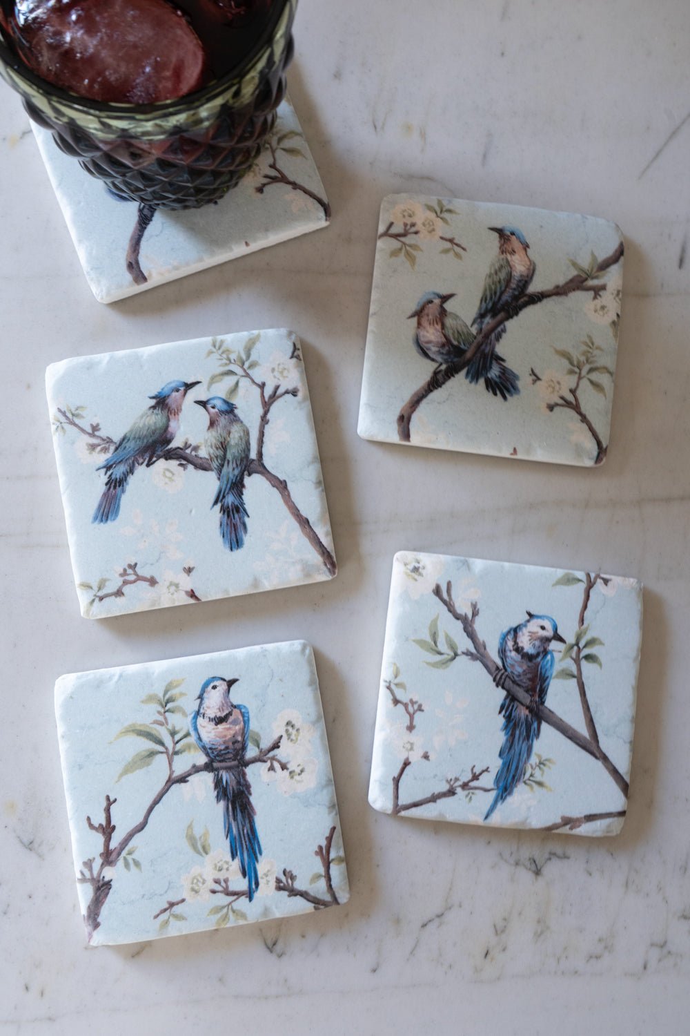 Set 4 Posavasos De Mármol Diseño Pájaros Cristina Oria