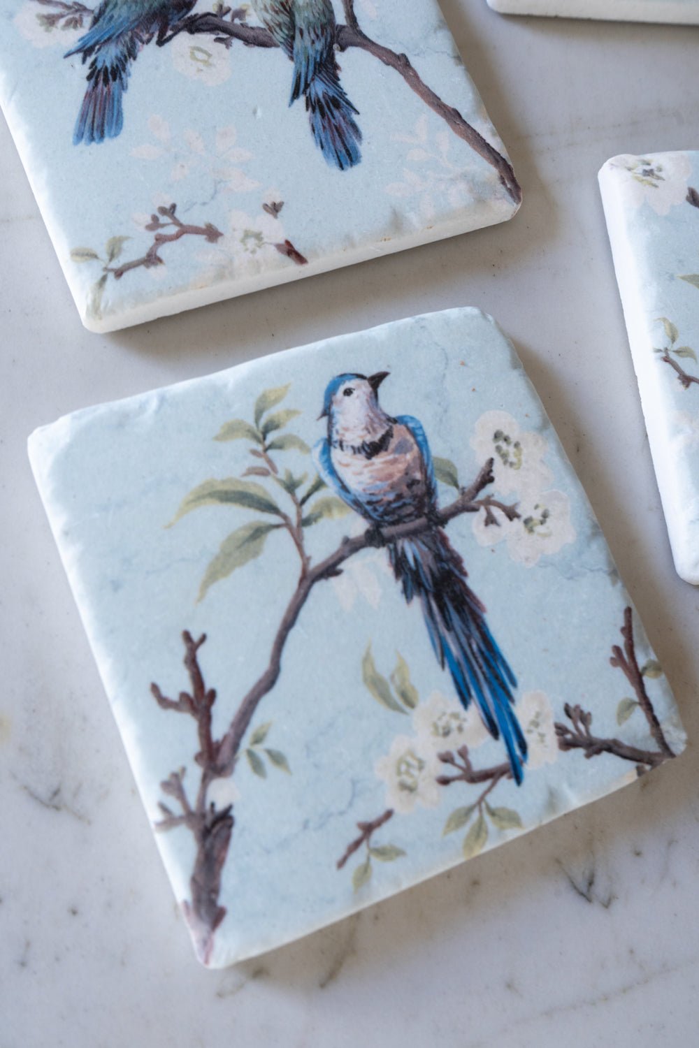 Detalle Set 4 Posavasos De Mármol Diseño Pájaros Cristina Oria