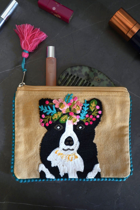Neceser Bordado A Mano Con Diseño De Perro Beige