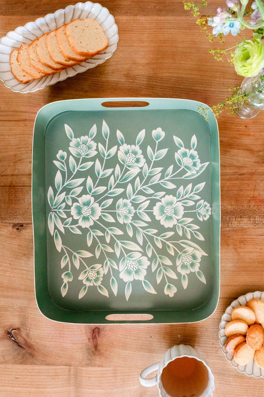 Bandeja Rectangular Verde Con Flores Blancas Pintadas