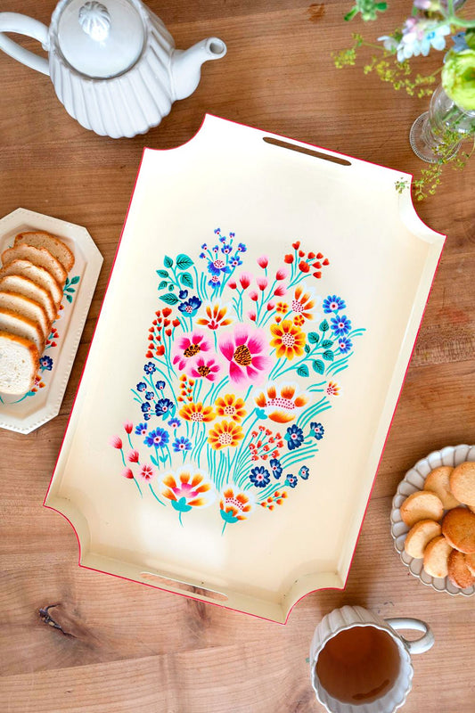 Bandeja Rectangular Beige Con Flores De Colores Pintadas A Mano