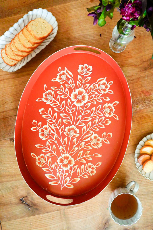 Bandeja Oval Teja Con Flores Blancas Pintadas