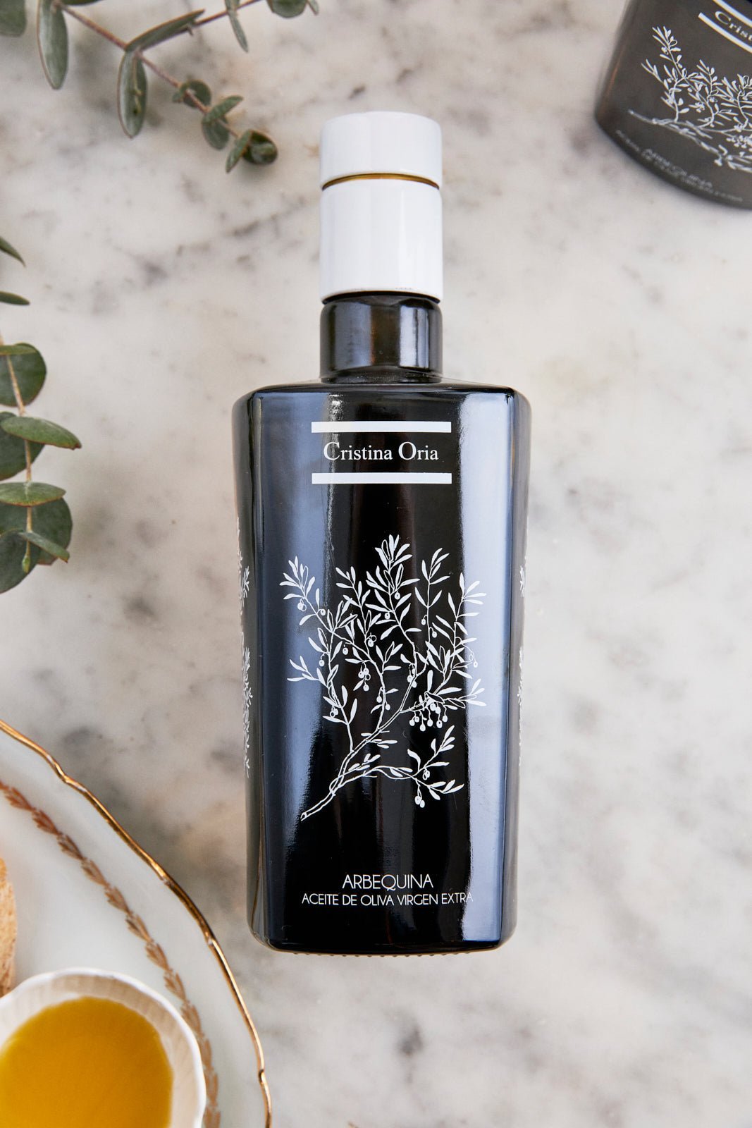 Detalle Aceite Bolsa Aceite AOVE Arbequina CO & Aceitera Cristina Oria