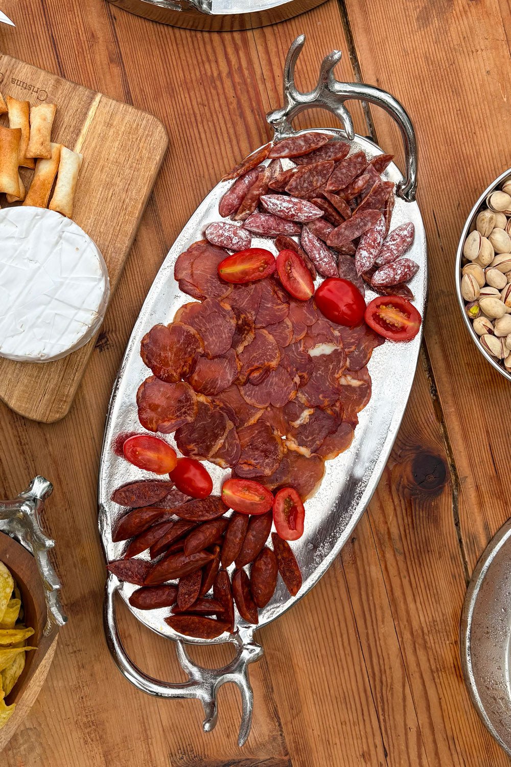 Bandeja Oval Plateada Con Asas Cuernos Ciervo Cristina Oria