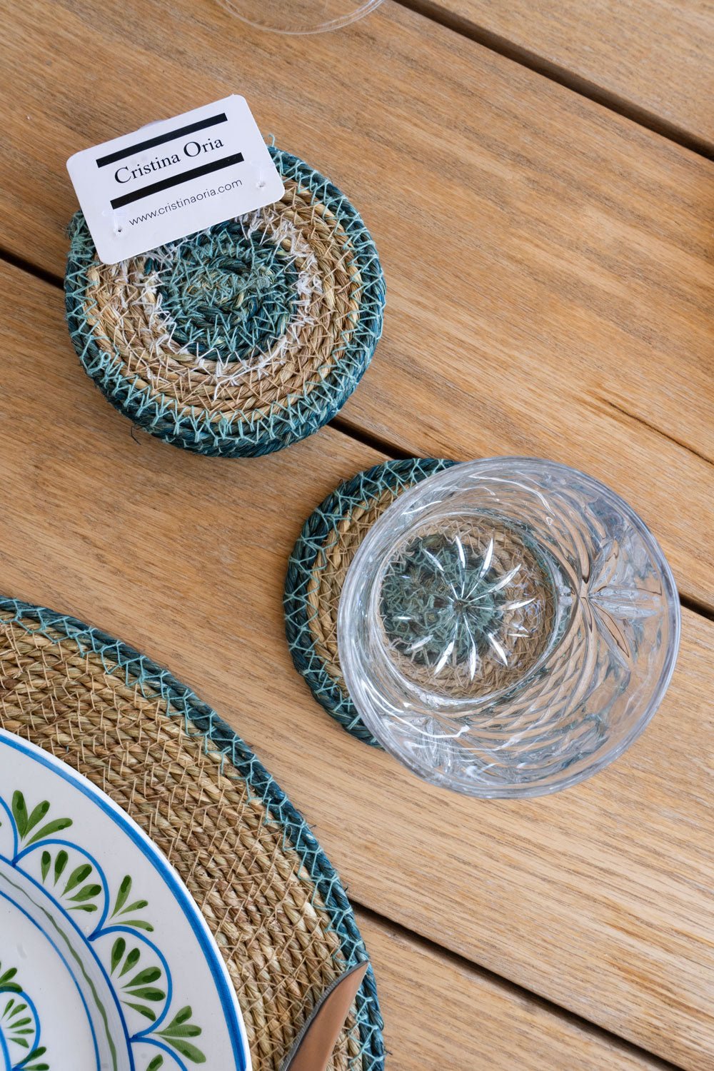 Detalle Set 6 posavasos de Seagrass Beige y Azul Cristina Oria