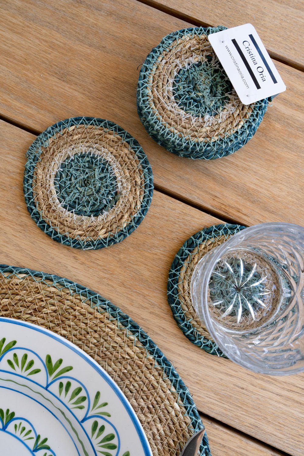 Detalle Diseño Set 6 posavasos de Seagrass Beige y Azul Cristina Oria