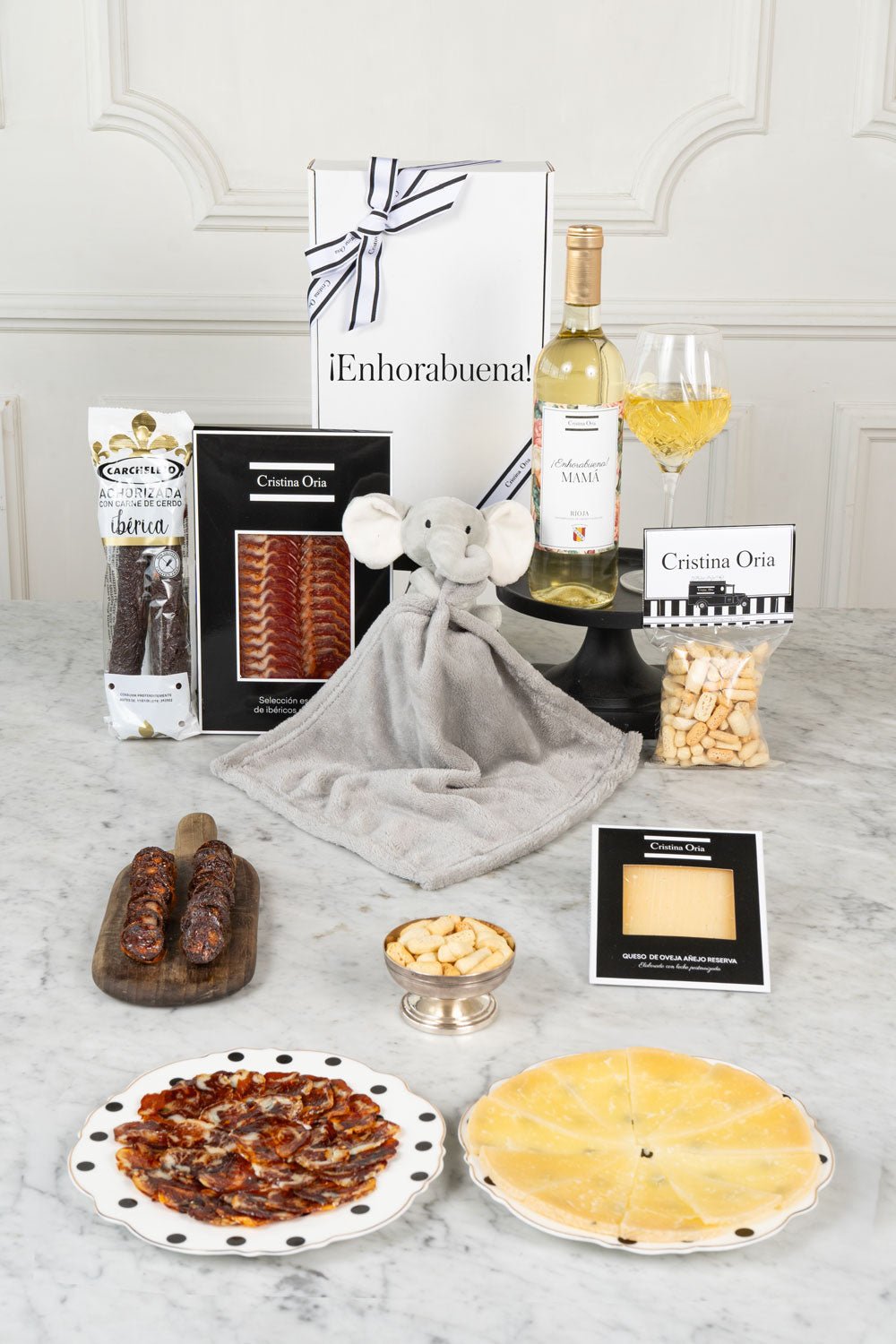 Caja Recién Mamá Aperitivo Gourmet & Doudou Elefante Cristina Oria