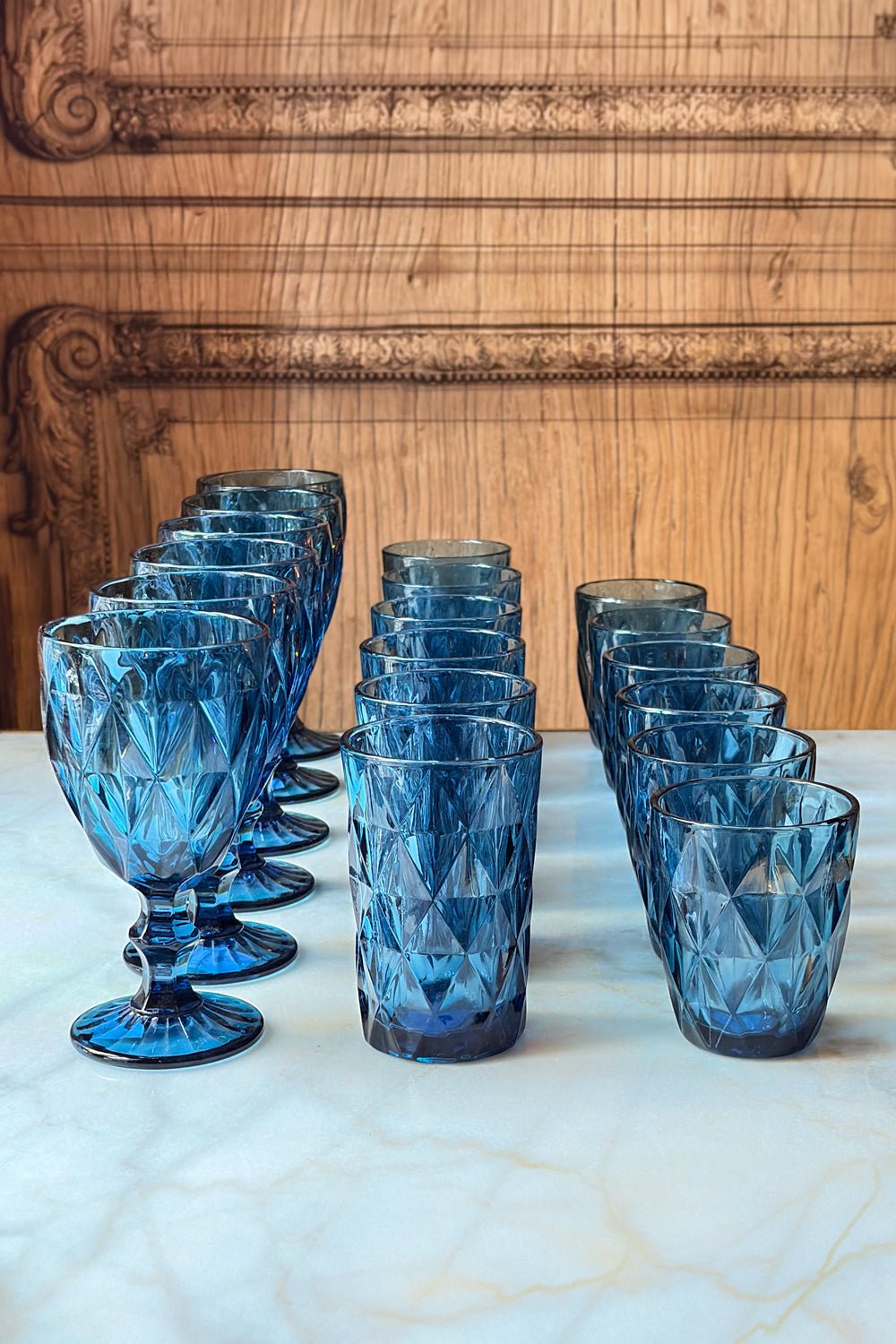 Cristalería Completa Azul Diseño Rombos Cristina Oria