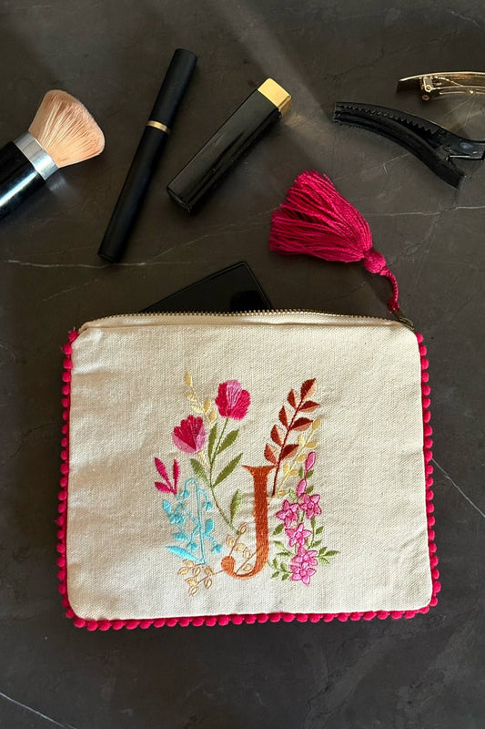 Neceser Con Inicial J Y Flores Bordadas