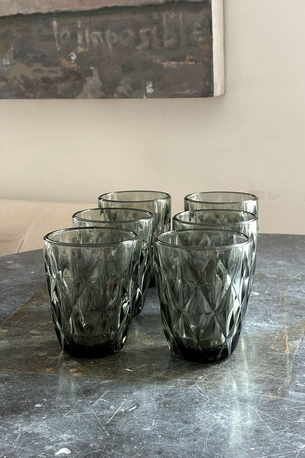 Detalle Vasos Cristalería Completa Gris Diseño Rombos Cristina Oria