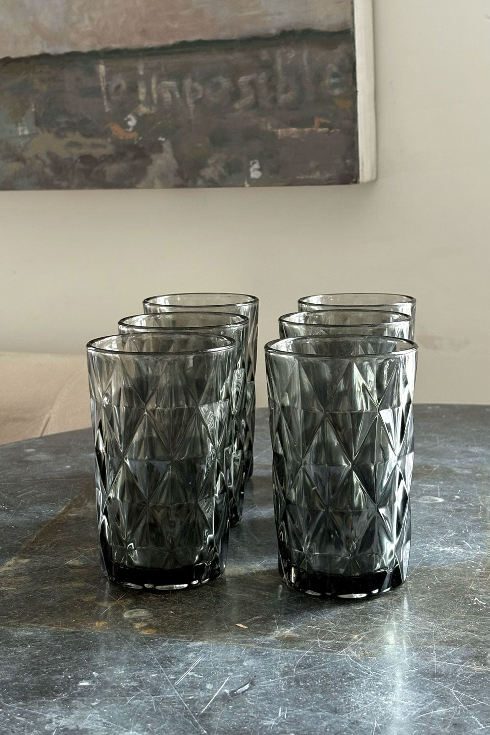 Detalle Vasos Altos Cristalería Completa Gris Diseño Rombos Cristina Oria