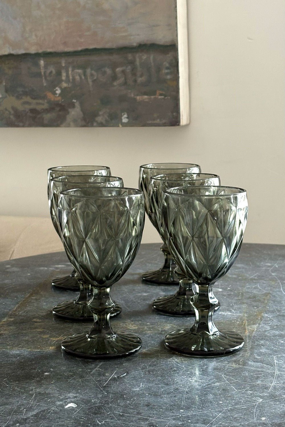 Detalle Copas Cristalería Completa Gris Diseño Rombos Cristina Oria