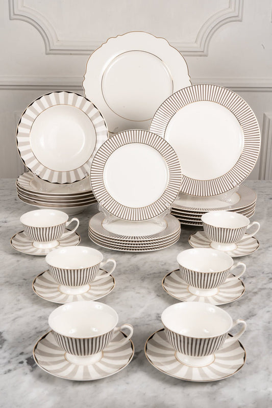 Vajilla Blanca Y Gris Con Tazas Y Bajoplatos 6 Personas