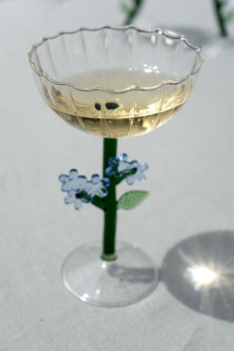 Copa champagne vidrio soplado flor rosa, Cristalerías