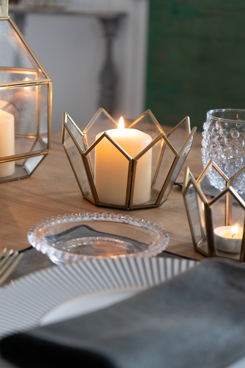 Portavelas De Cristal Dorado Con Diseño Corona Mediano Cristina Oria