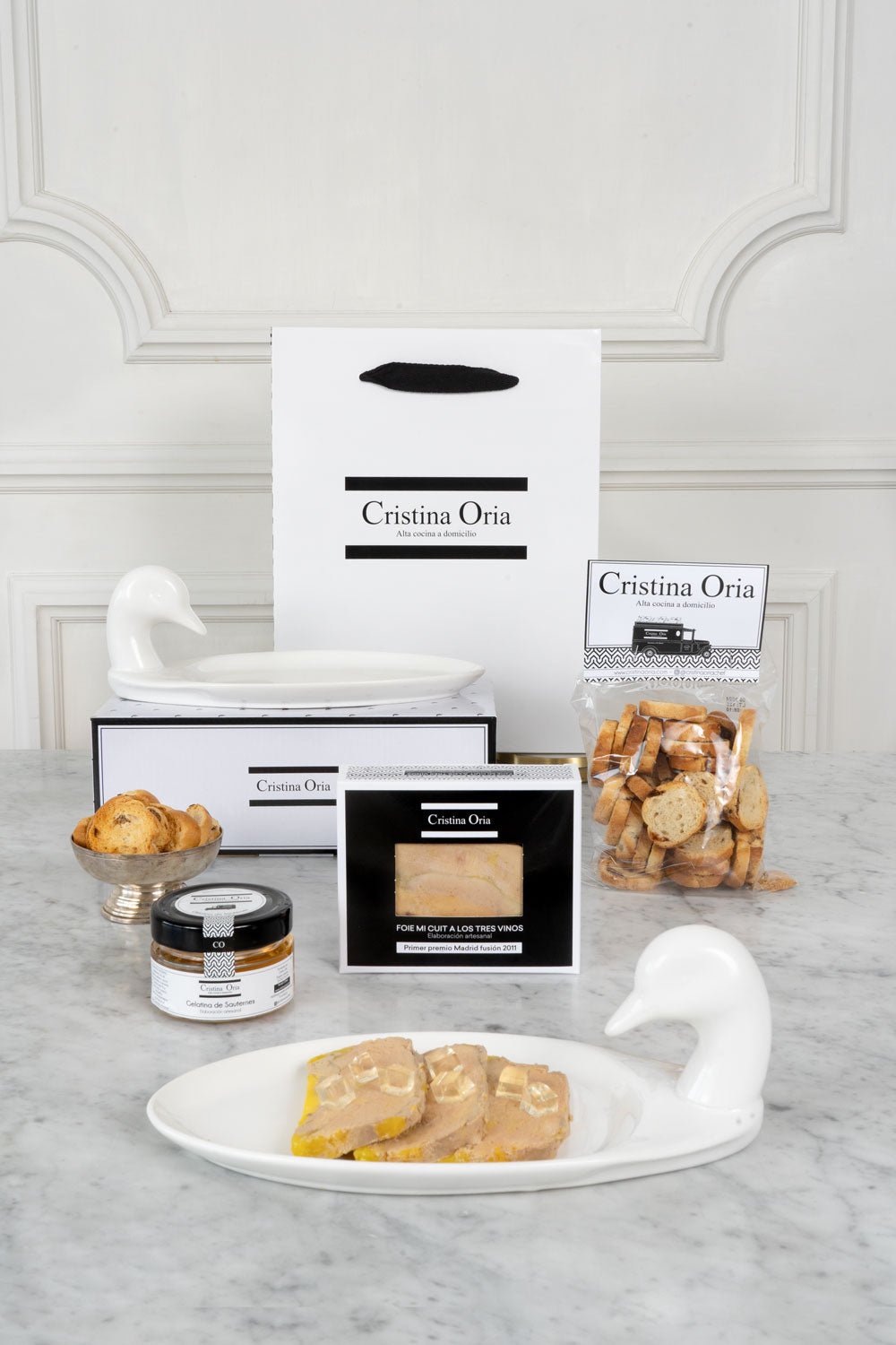 Saco com foie gras e bandeja pato Cabazes e sacos gourmet