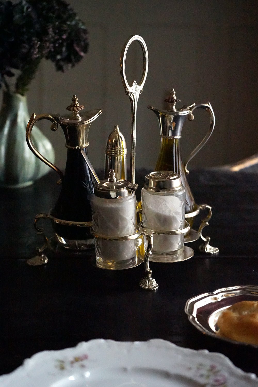 Set Aceitera, Vinagrera, Salero Y Pimentero De Cristal Y Plata Co - Cristina Oria