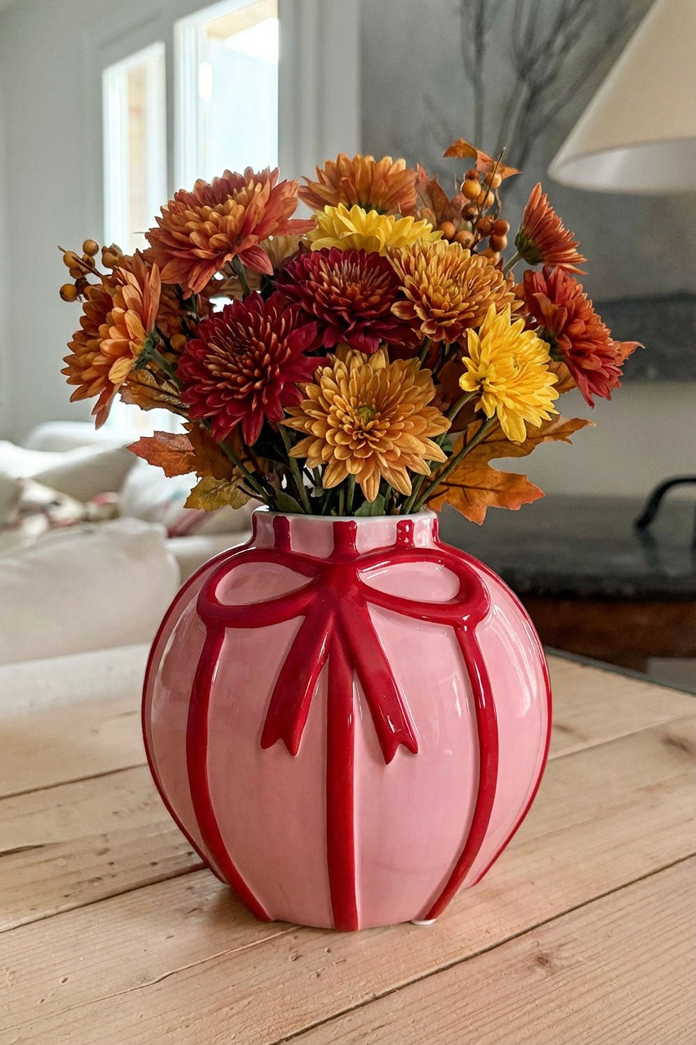 Jarrón De Porcelana Rosa Con Lazo Rojo Cristina Oria 