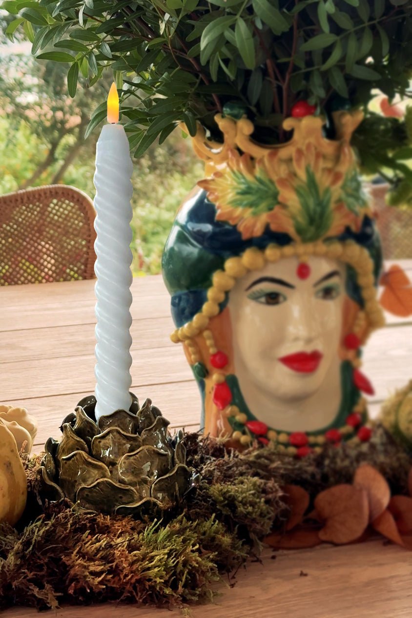 Portavelas Artesanal Con Diseño De Alcachofa Verde 8,5 Cm Cristina Oria