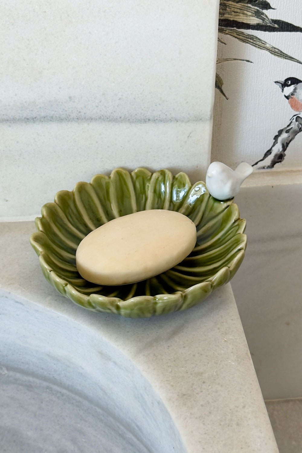 Cuenco Jabón Decorativo Verde Flor Con Pájaro Blanco Cristina Oria