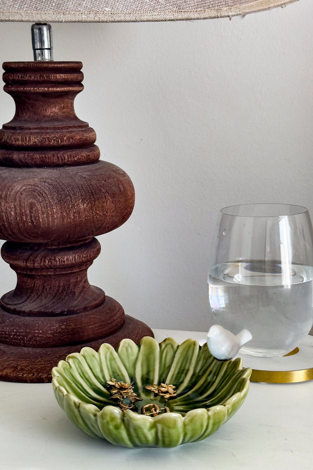 Joyas Cuenco Decorativo Verde Flor Con Pájaro Blanco Cristina Oria