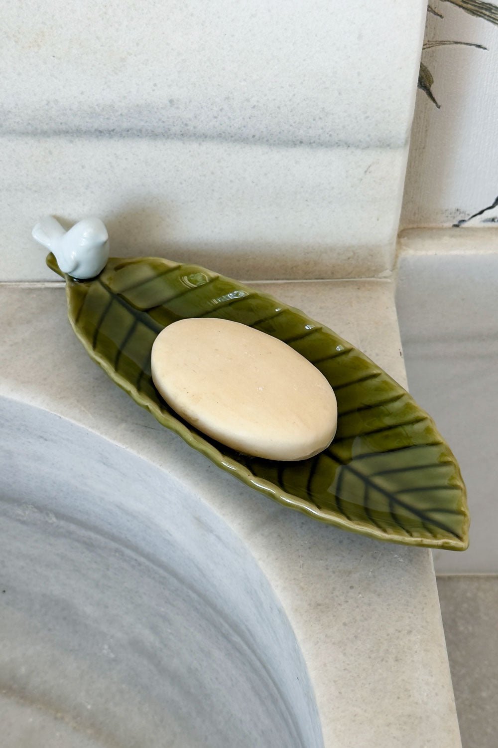Jabón Bandeja Decorativa Verde Flor Con Pájaro Blanco Cristina Oria