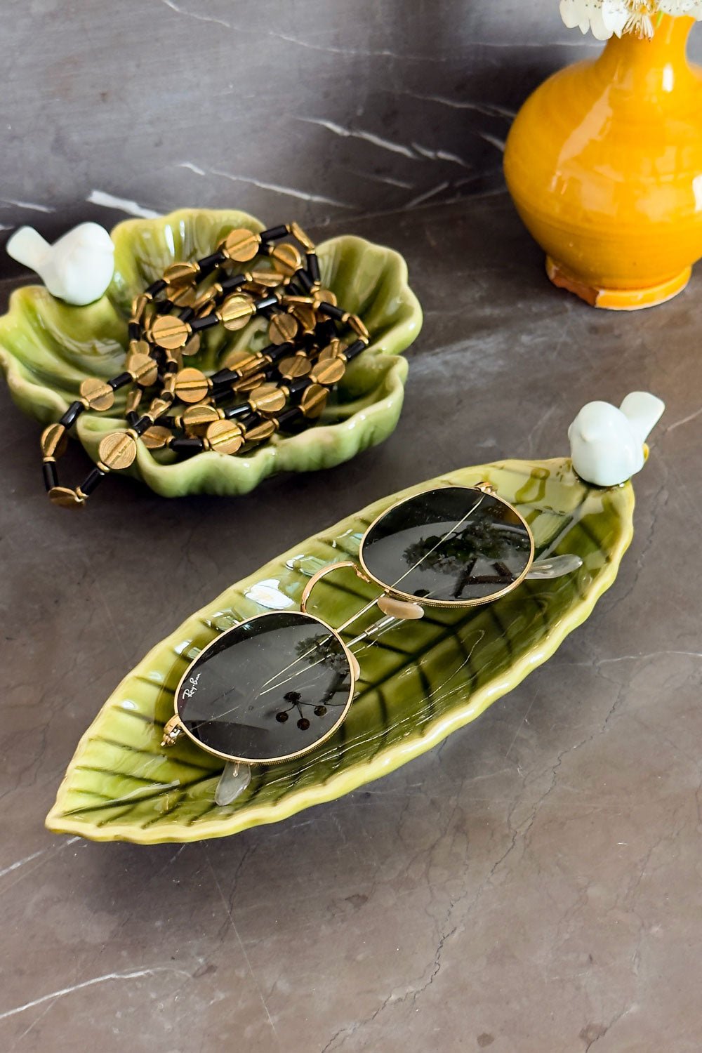 Bandeja Decorativa Verde Flor Con Pájaro Blanco Cristina Oria