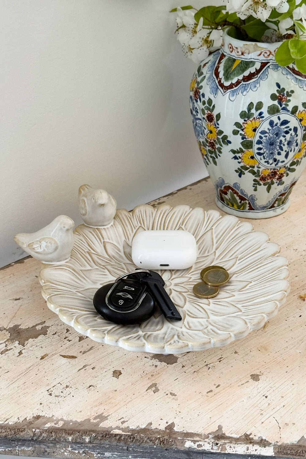 Bandeja Decorativa Blanca Flor Con Pájaros Cristina Oria