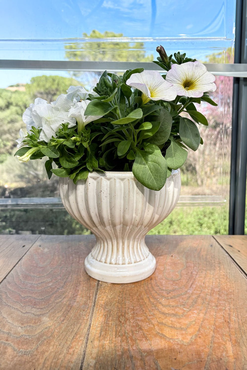 Flores Con Hojas Jarrón Diseño Copa De Porcelana Blanco Roto Cristina Oria