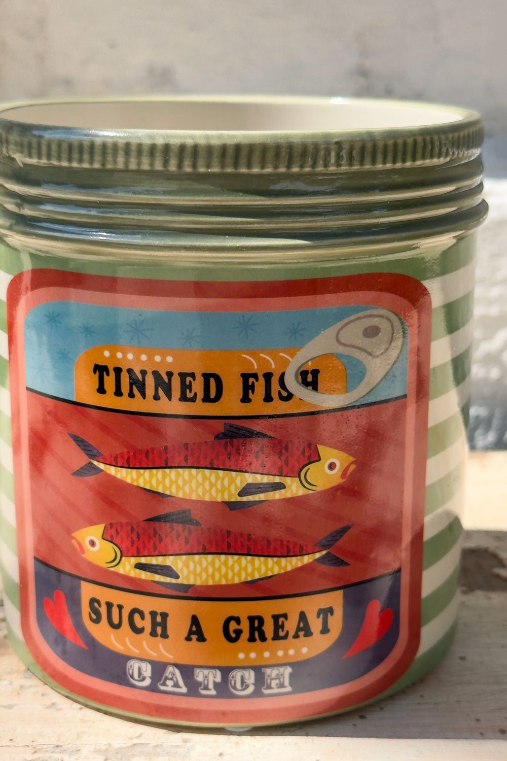 Pequeño Rayas Verdes Recipiente Con Tapa Diseño Sardinas Sin Flores Cristina Oria