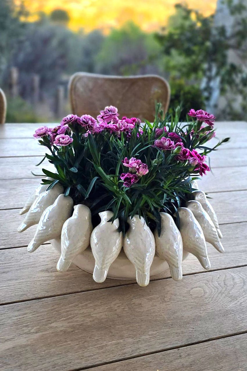 Runde Vase mit Vogelmotiv Weiß | Vasen und Töpfe