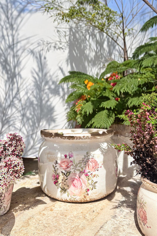 Jarrón Envejecido Ánfora Diseño De Rosas Grande