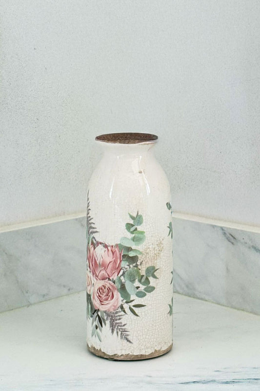 Jarrón Alto Envejecido Con Diseño De Rosas