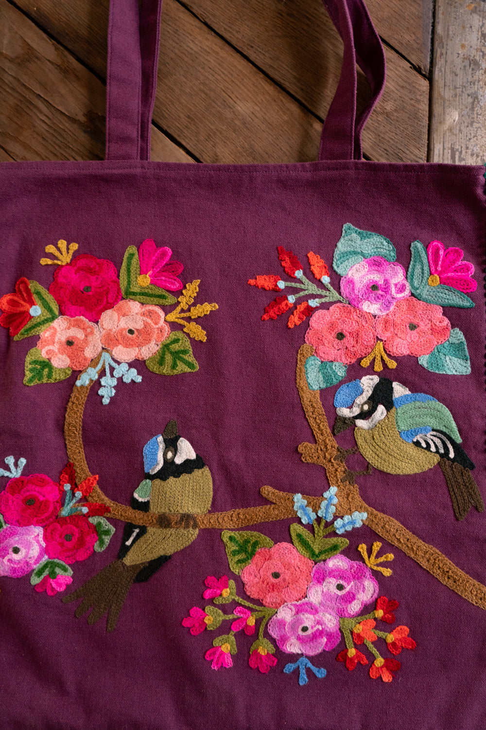 Sac en coton marron à motif fleurs et oiseaux