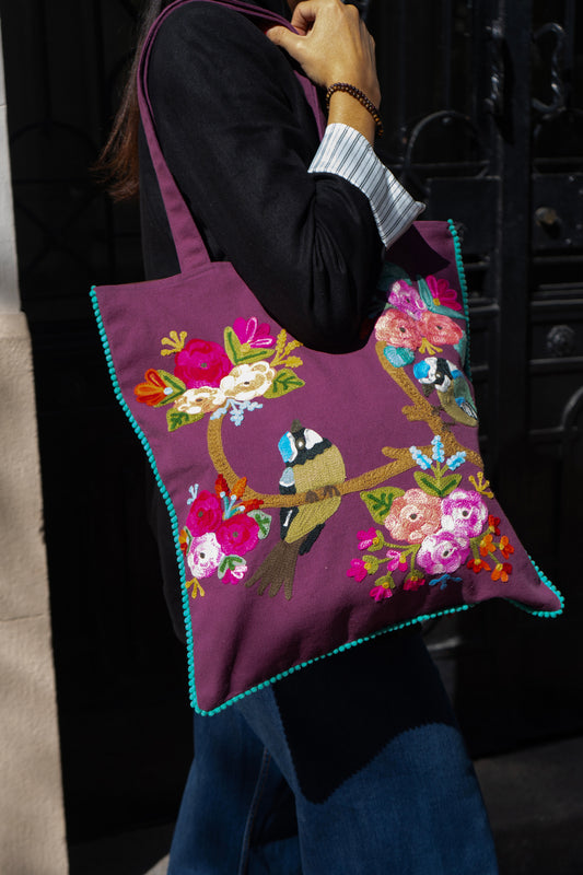 Bolso de Algodón Granate con Diseño de Flores Y Pájaros