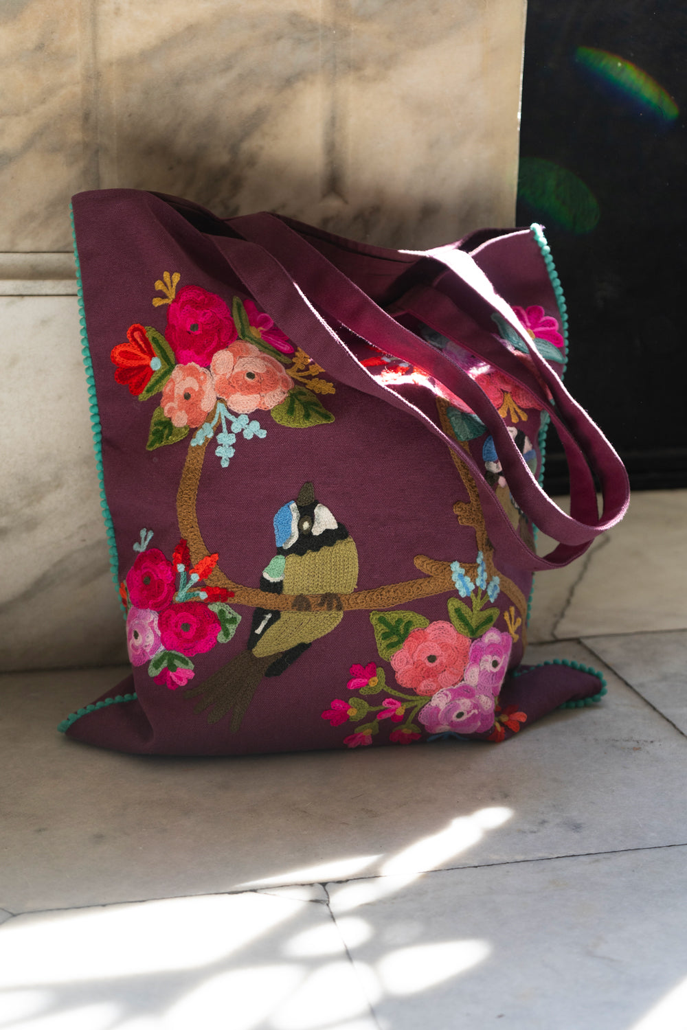 Sac en coton marron à motif fleurs et oiseaux