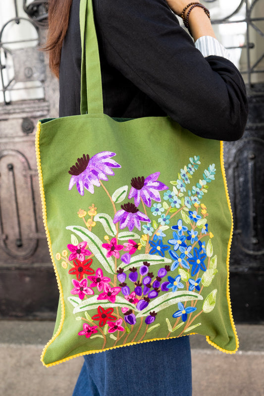 Bolso de Algodón Verde con Diseño de Flores