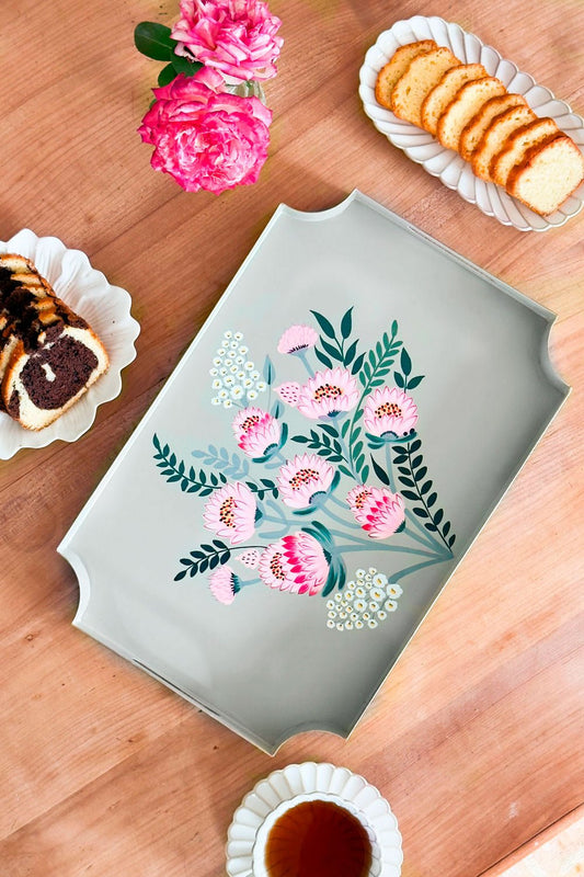 Bandeja Rectangular Con Flores Pintadas A Mano