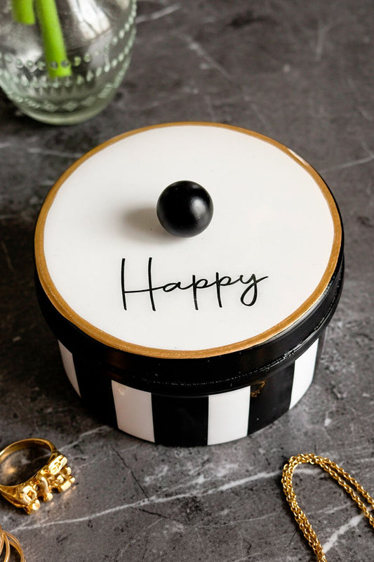 Caja Decorativa Rayas Blancas Y Negras Con Mensaje "Happy" Cristina Oria 