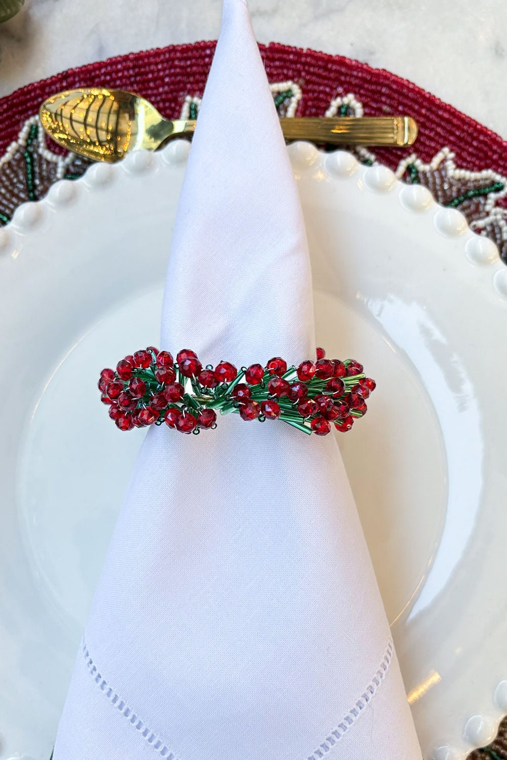 Detalle Textura Servilletero Corona De Navidad Bordado Con Cuentas Cristina Oria 