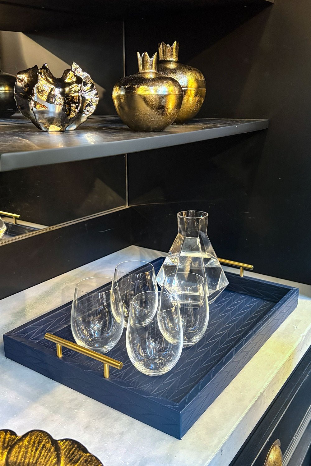 Bandeja Rectangular De Cuero Azul Con Asas Cristina Oria 