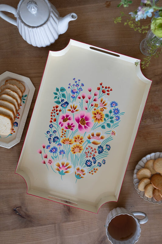 Bandeja Rectangular Beige Con Flores De Colores Pintadas Cristina Oria