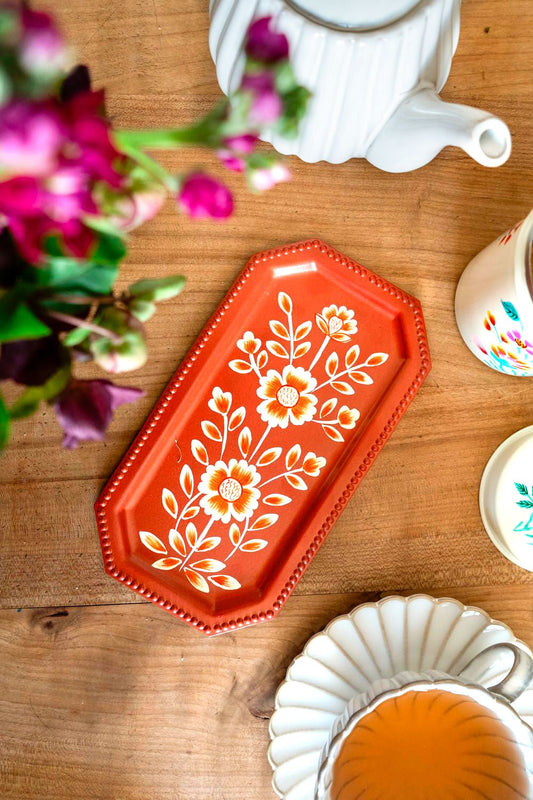 Bandeja Pequeña Rectangular Teja Con Flores Blancas Pintadas