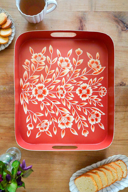 Bandeja Rectangular Teja Con Flores Blancas Pintadas