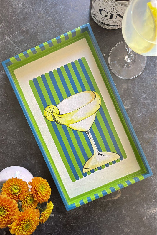 Bandeja Diseño Margarita Rayas Verde y Azul Cristina Oria